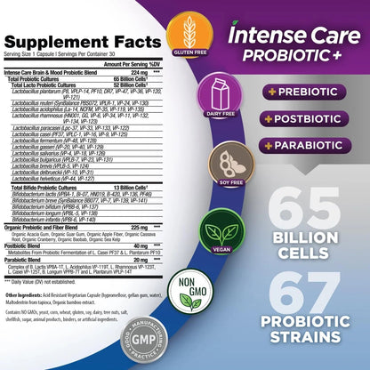 Vital Planet - Intense Care Brain & Mood Probiotics, Organic Prebiotics, Postbiotics, Parabiotics, Complete 4-in-1 Health Supplement for Adults, 65 Billion CFU, 67 Strains, Digestive and Immune 30 ct - Maple Wellness Supplements