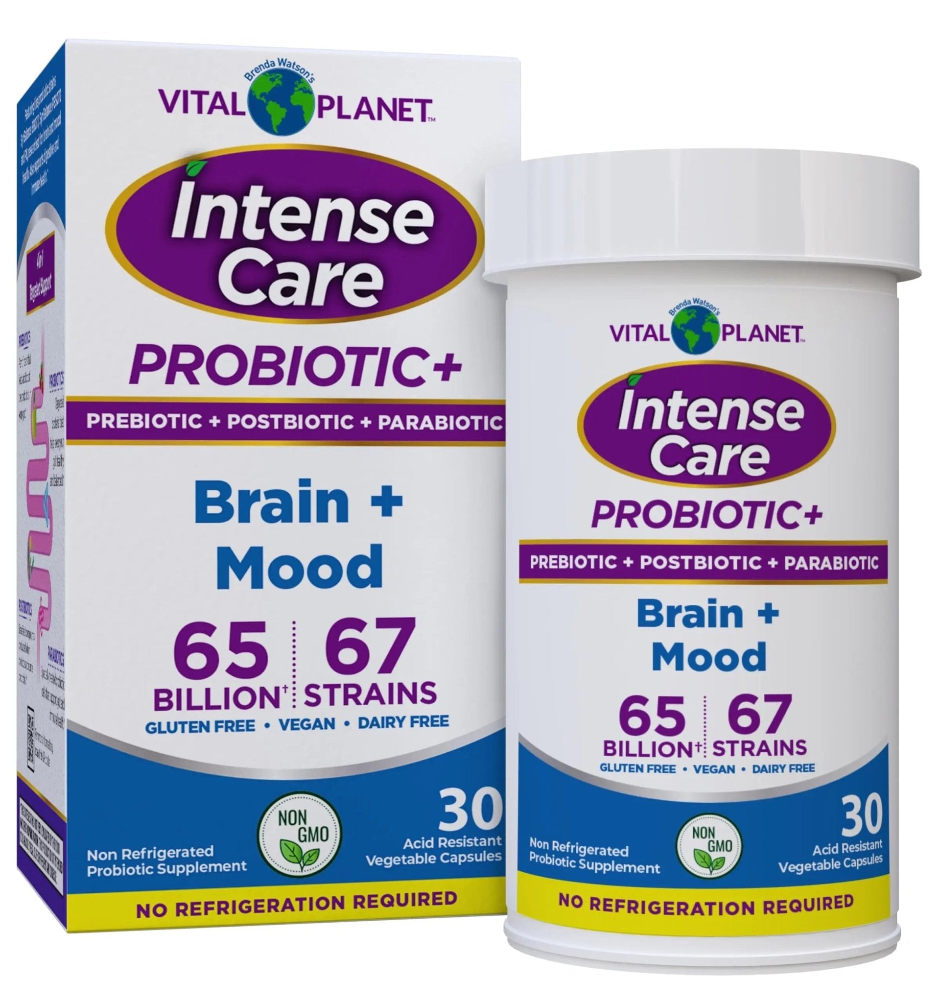 Vital Planet - Intense Care Brain & Mood Probiotics, Organic Prebiotics, Postbiotics, Parabiotics, Complete 4-in-1 Health Supplement for Adults, 65 Billion CFU, 67 Strains, Digestive and Immune 30 ct - Maple Wellness Supplements