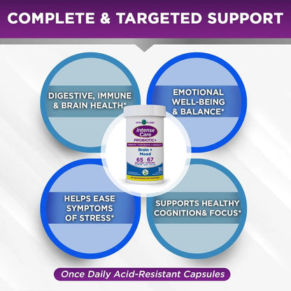Vital Planet - Intense Care Brain & Mood Probiotics, Organic Prebiotics, Postbiotics, Parabiotics, Complete 4-in-1 Health Supplement for Adults, 65 Billion CFU, 67 Strains, Digestive and Immune 30 ct - Maple Wellness Supplements