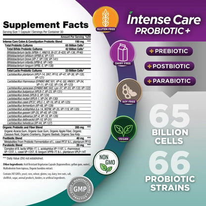 Vital Planet - Intense Care Colon & Constipation Probiotics Plus Organic Prebiotics, Postbiotics, Parabiotics, Complete 4-in-1 Health Supplement for Adults, 65 Billion CFU, 66 Strains, 30 ct - Maple Wellness Supplements