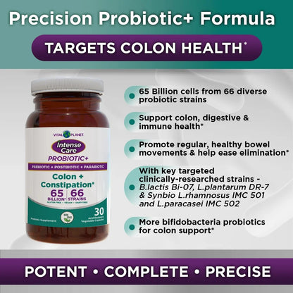 Vital Planet - Intense Care Colon & Constipation Probiotics, Prebiotics, Postbiotics, Parabiotics, 4-in-1 Refrigerated Supplement for Adults, 65 Billion CFU, 66 Strains, Digestive and Immune, 30 ct - Maple Wellness Supplements