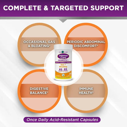 Vital Planet - Intense Care Gas & Bloating Probiotics Plus Organic Prebiotics, Postbiotics, Parabiotics, Complete 4-in-1 Supplement for Adults, 65 Billion CFU, 65 Strains, Digestive and Immune 30 ct - Maple Wellness Supplements