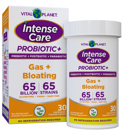 Vital Planet - Intense Care Gas & Bloating Probiotics Plus Organic Prebiotics, Postbiotics, Parabiotics, Complete 4-in-1 Supplement for Adults, 65 Billion CFU, 65 Strains, Digestive and Immune 30 ct - Maple Wellness Supplements