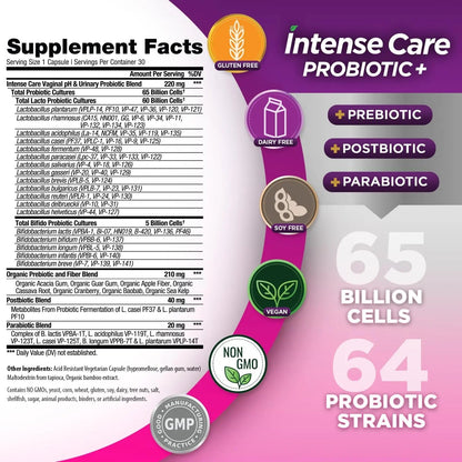 Vital Planet - Intense Care Vaginal pH & Urinary Probiotics for Women Plus Organic Prebiotics, Postbiotics, and Parabiotics, 65 Billion CFU and 64 Strains, Immune and Digestive Health 30 ct - Maple Wellness Supplements