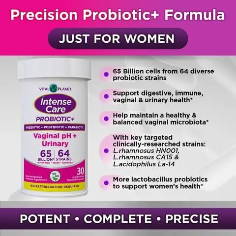 Vital Planet - Intense Care Vaginal pH & Urinary Probiotics for Women Plus Organic Prebiotics, Postbiotics, and Parabiotics, 65 Billion CFU and 64 Strains, Immune and Digestive Health 30 ct - Maple Wellness Supplements