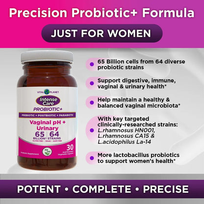 Vital Planet - Intense Care Vaginal pH & Urinary Probiotics, Prebiotics, Postbiotics, Parabiotics, 4-in-1 Refrigerated Supplement for Adults, 65 Billion CFU, 64 Strains, Digestive and Immune, 30 ct - Maple Wellness Supplements