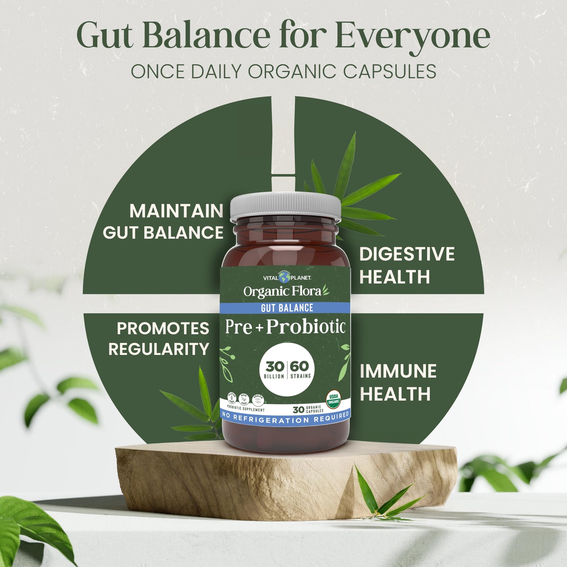 Vital Planet - Organic Flora Probiotics for Gut Health Balance, Shelf Stable Probiotic 30 Billion CFU, 60 Diverse Strains, Prebiotic Organic Mushroom Blend - Maple Wellness Supplements