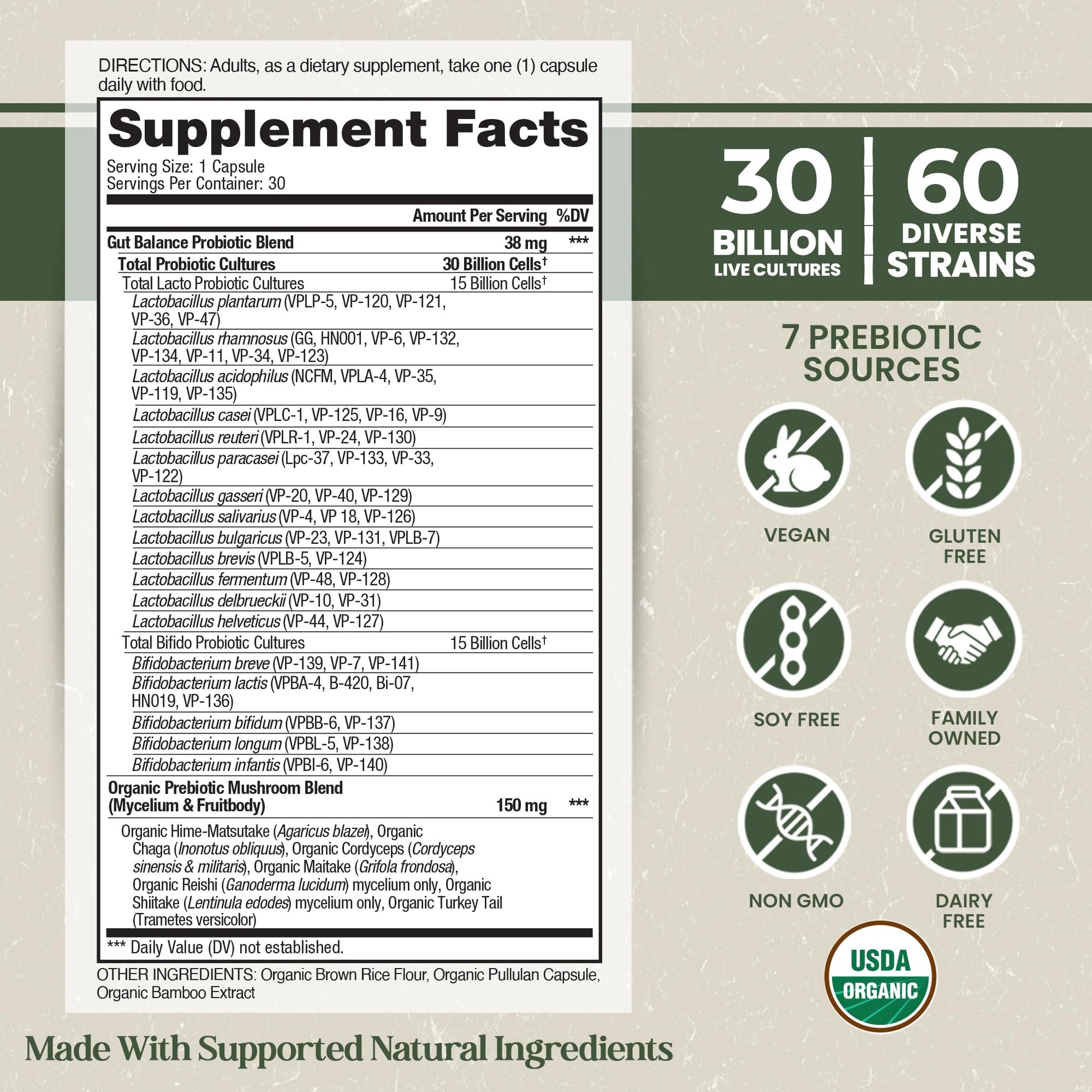 Vital Planet - Organic Flora Probiotics for Gut Health Balance, Shelf Stable Probiotic 30 Billion CFU, 60 Diverse Strains, Prebiotic Organic Mushroom Blend - Maple Wellness Supplements