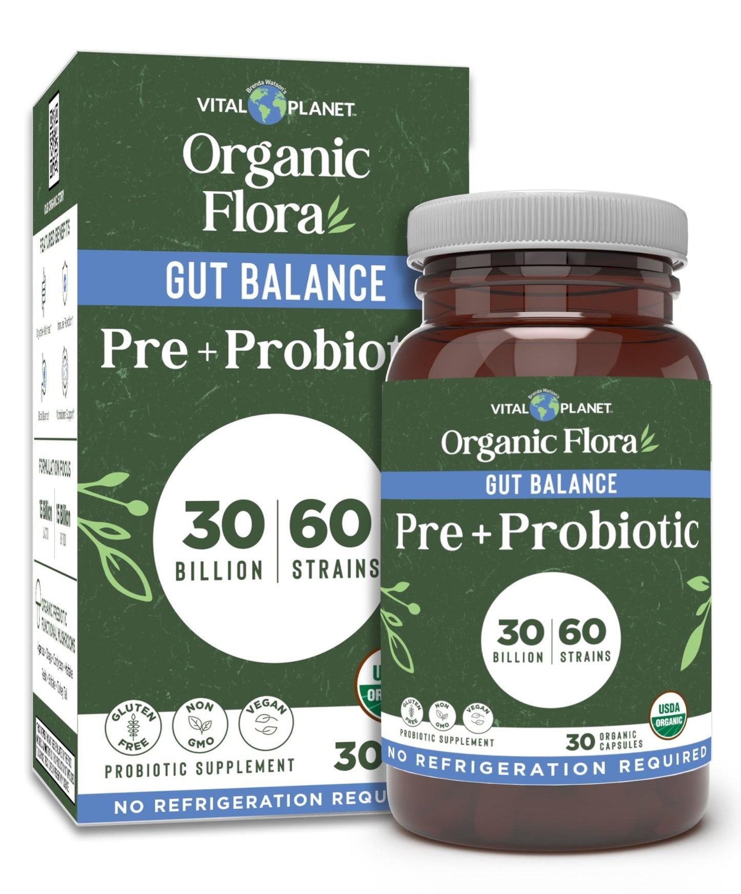 Vital Planet - Organic Flora Probiotics for Gut Health Balance, Shelf Stable Probiotic 30 Billion CFU, 60 Diverse Strains, Prebiotic Organic Mushroom Blend - Maple Wellness Supplements