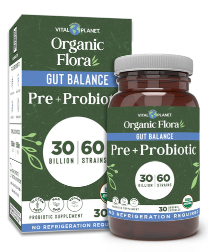 Vital Planet - Organic Flora Probiotics for Gut Health Balance, Shelf Stable Probiotic 30 Billion CFU, 60 Diverse Strains, Prebiotic Organic Mushroom Blend - Maple Wellness Supplements