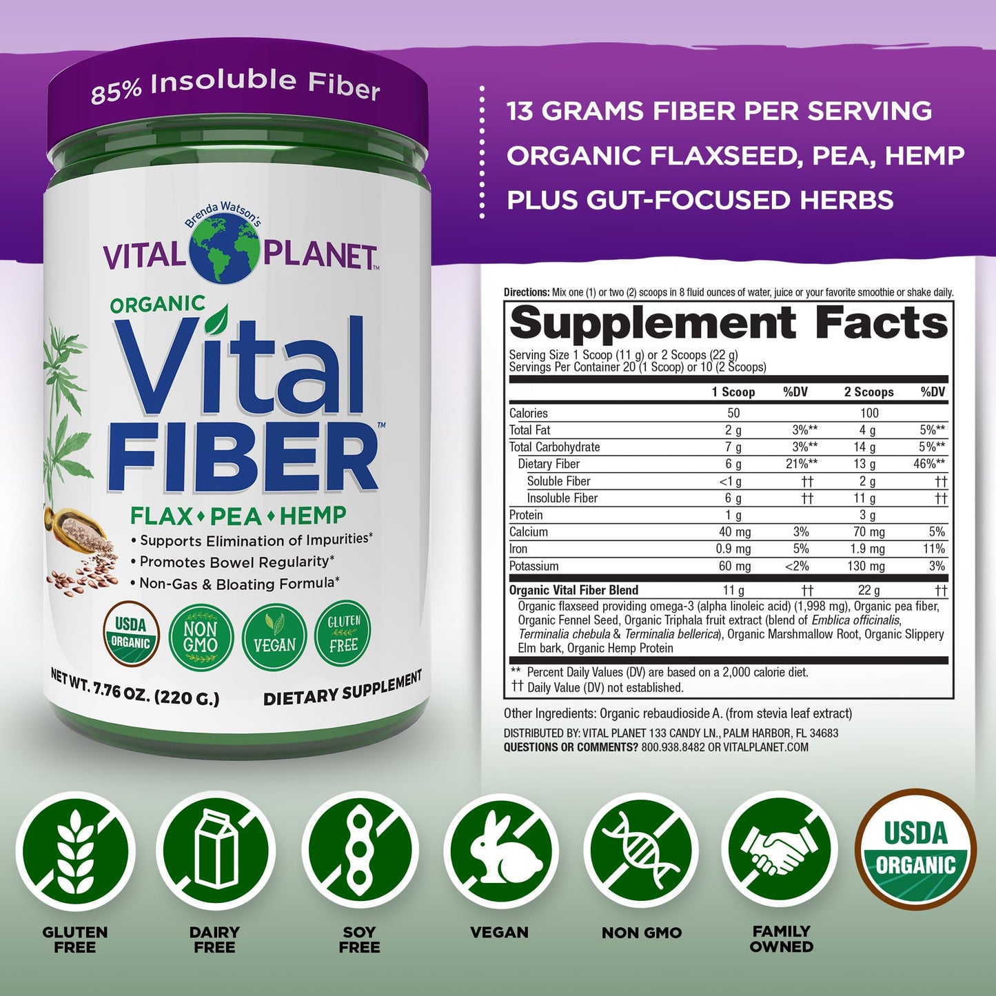 Vital Planet - Vital Fiber Powder, Soluble and Insoluble Fiber Supplement with Flax, Pea and Hemp, Organic Daily Dietary Supplement Supports - Maple Wellness Supplements