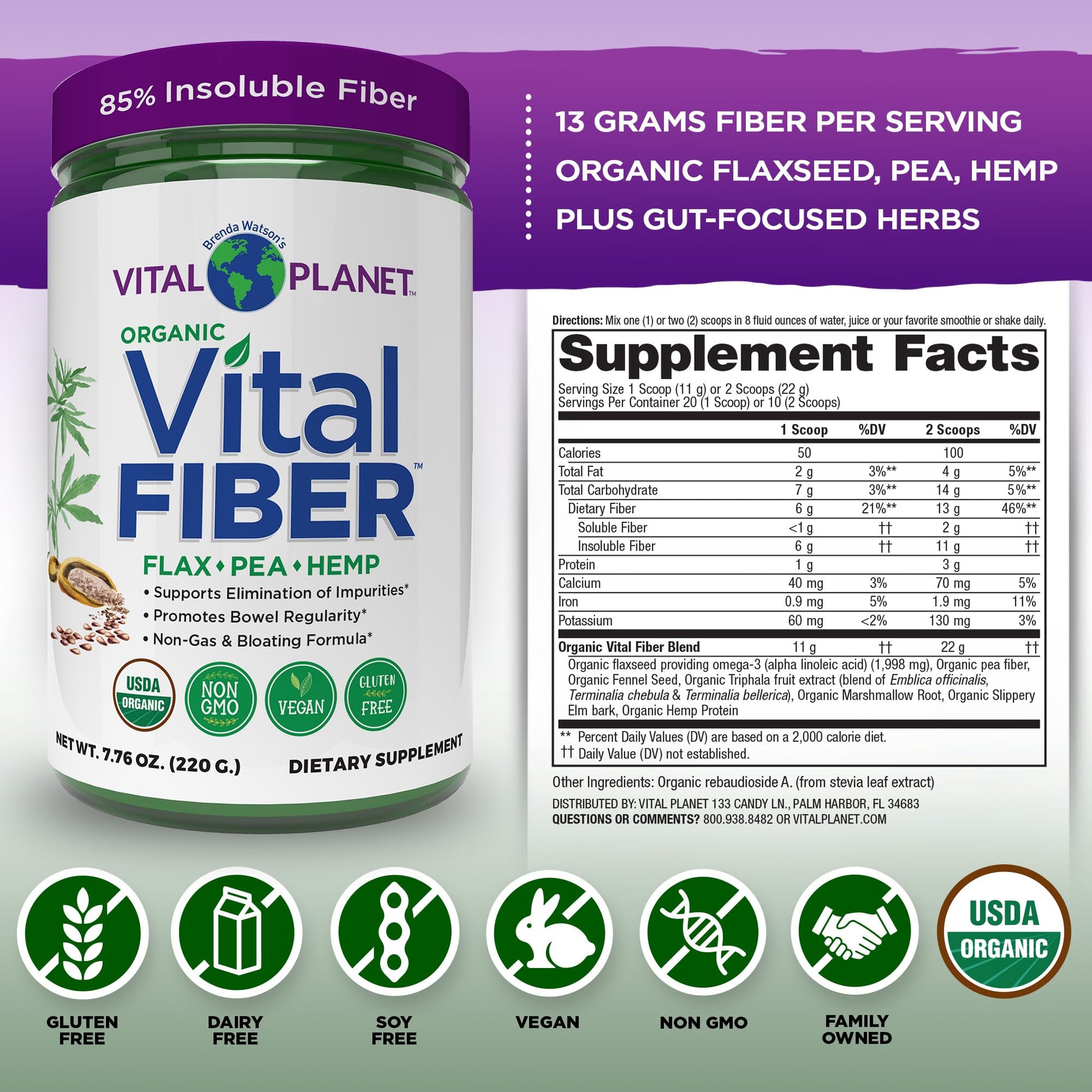 Vital Planet - Vital Fiber Powder, Soluble and Insoluble Fiber Supplement with Flax, Pea and Hemp, Organic Daily Dietary Supplement Supports - Maple Wellness Supplements