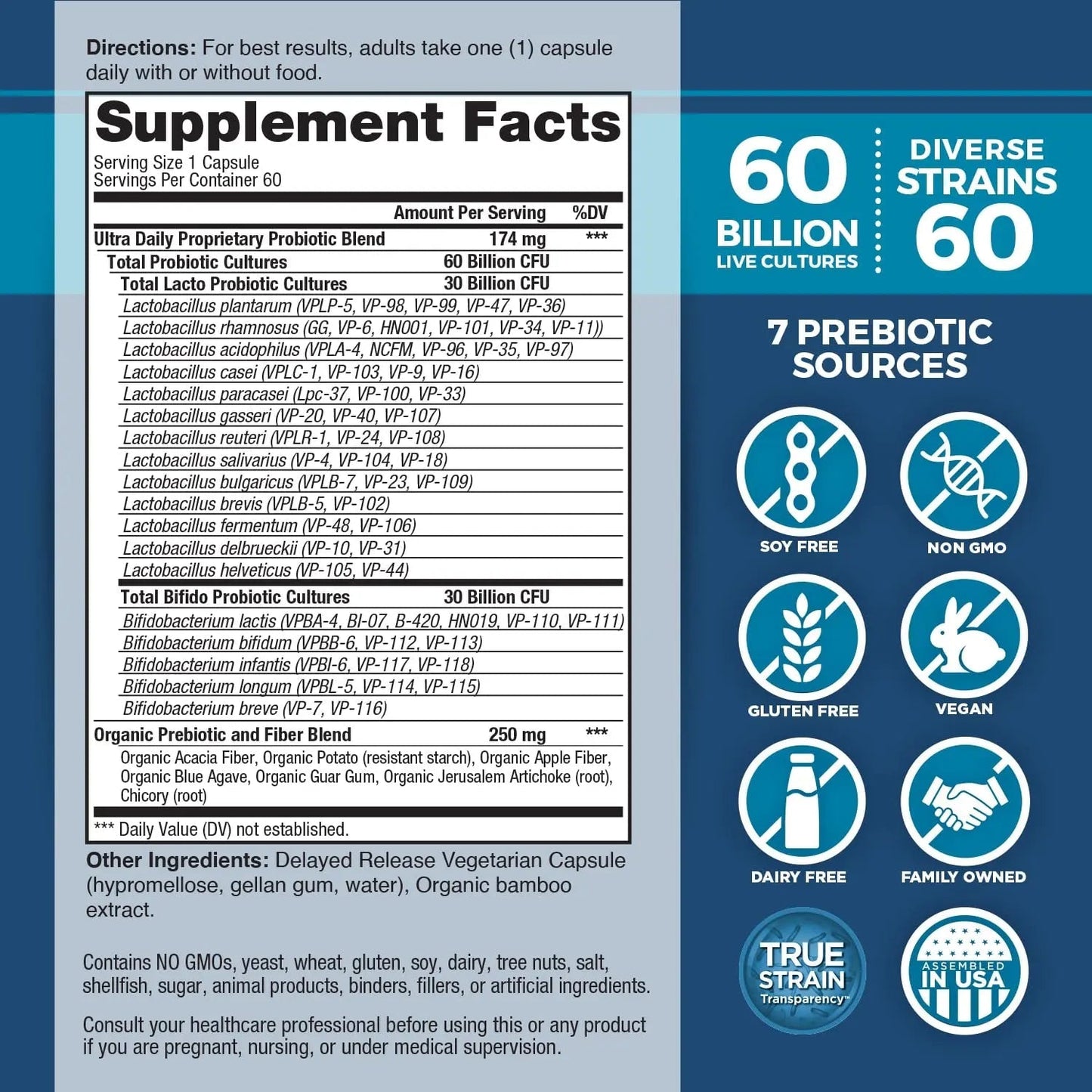 Vital Planet - Vital Flora Ultra Daily Probiotic 60 Billion CFU, Diverse Strains, Organic Prebiotics, Immune Support, Bloating Relief, Digestive Health Probiotics for Women and Men 60 Capsules - Maple Wellness Supplements