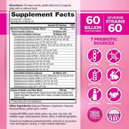 Vital Planet - Vital Flora Women’s Daily Probiotic 60 Billion CFU, 60 Diverse Strains, 7 Organic Prebiotics, Vaginal and Immune Support, Bloating, Digestive Health Probiotics for Women 30 Capsules - Maple Wellness Supplements
