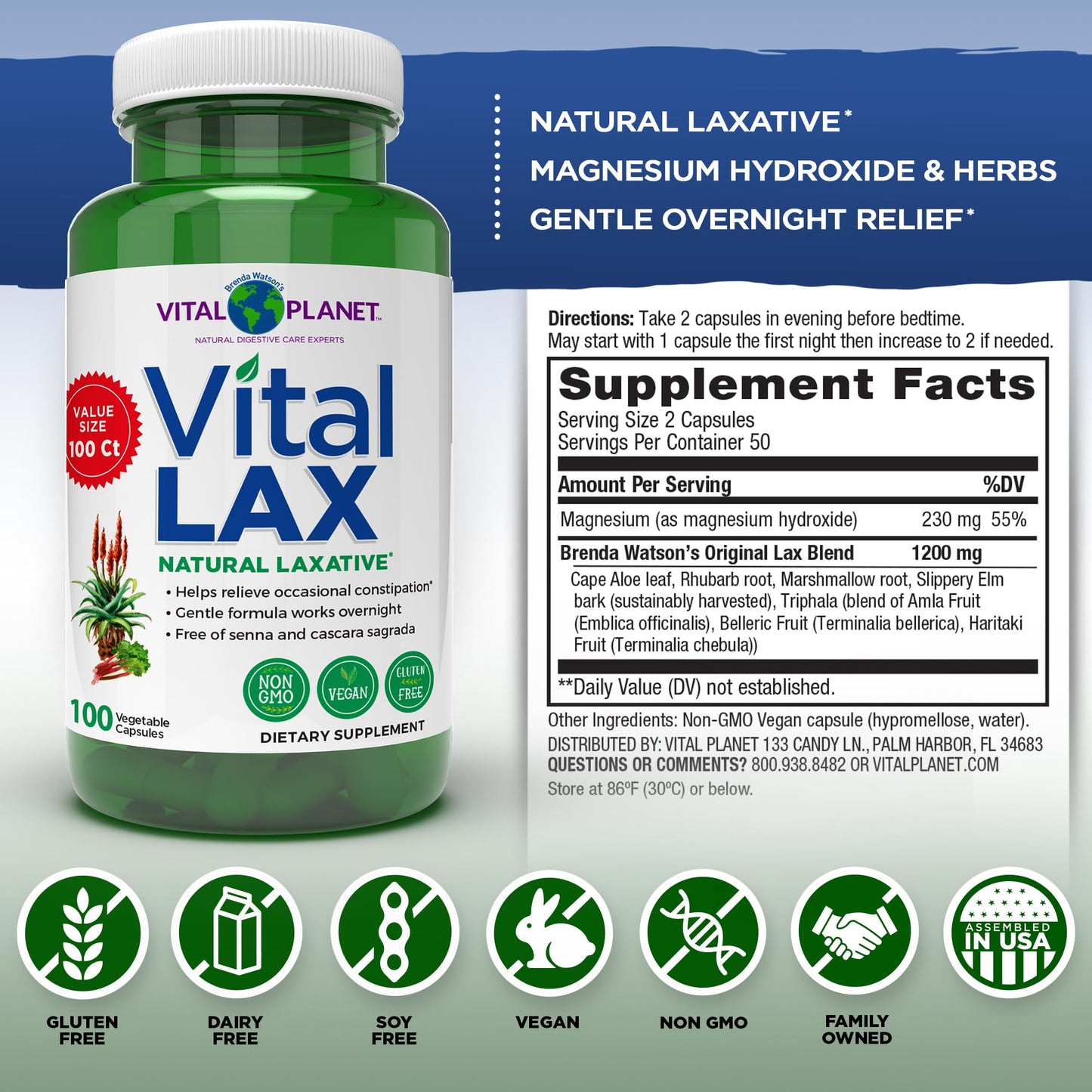 Vital Planet - Vital Lax Natural Laxative Cleanse Supplement for Occasional Constipation, with Magnesium Hydroxide, Slippery Elm, Aloe, - Maple Wellness Supplements