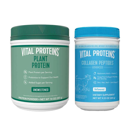 Vital Proteins Collagen Peptides Powder, 9.33 oz Unflavored + 14 oz Unsweetened Plant - Maple Wellness Supplements