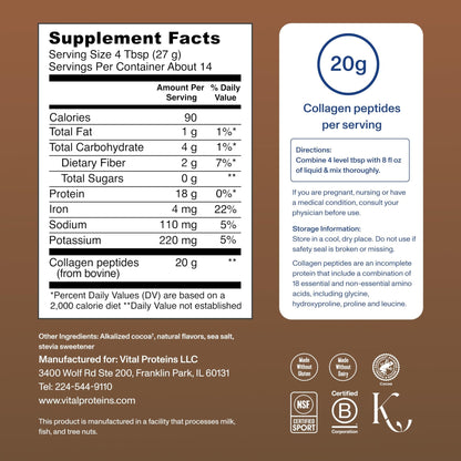 Vital Proteins Collagen Peptides Powder - Chocolate Powder for Hair, Nail, Skin, Bone & Joint Health, 13.5oz - Maple Wellness Supplements