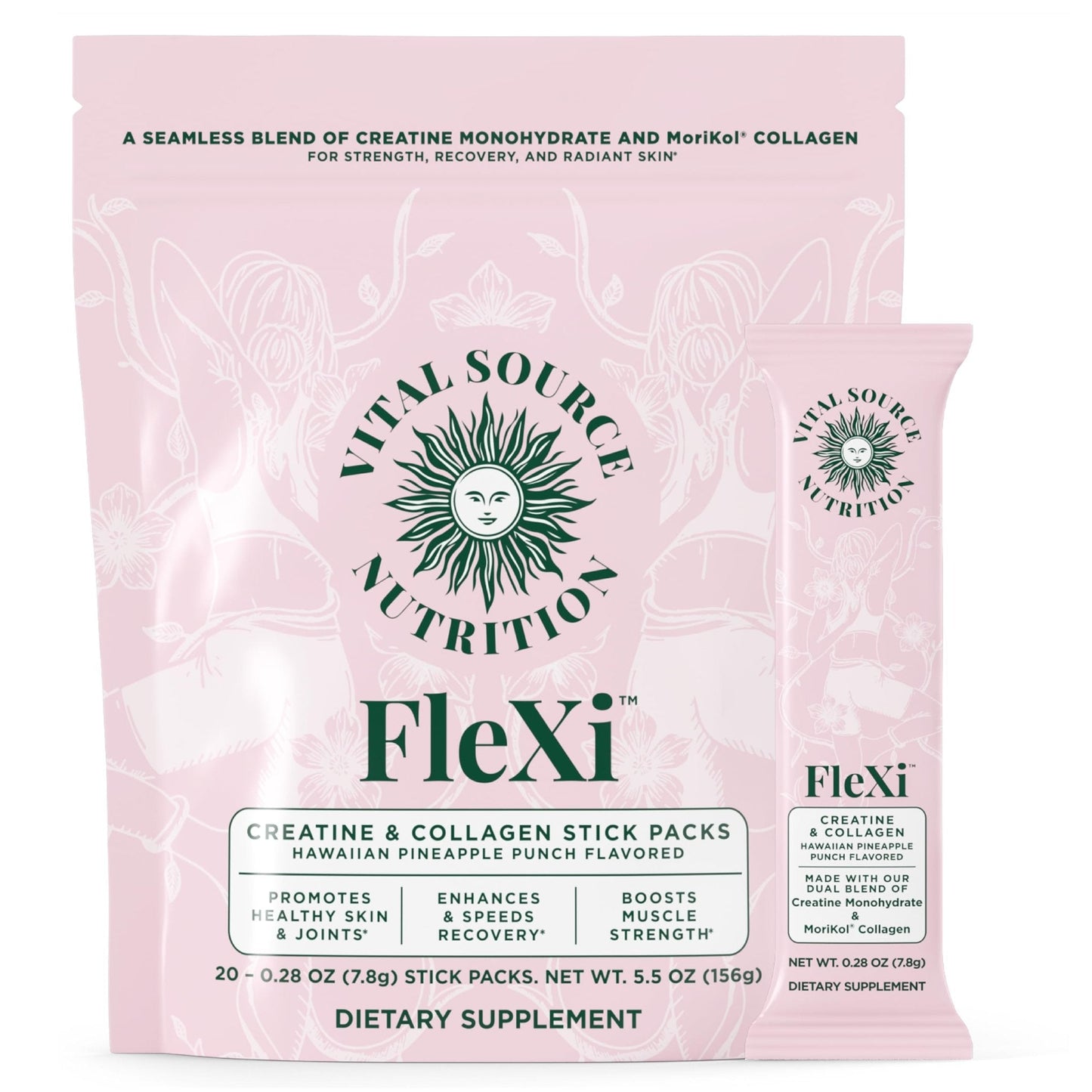 Vital Source Nutrition - Flexi - Creatine & Collagen Stick Packs - 5g Creatine Monohydrate + 1g MoriKol Collagen -Supports Strength, Recovery & Skin Health -20 Servings - Maple Wellness Supplements