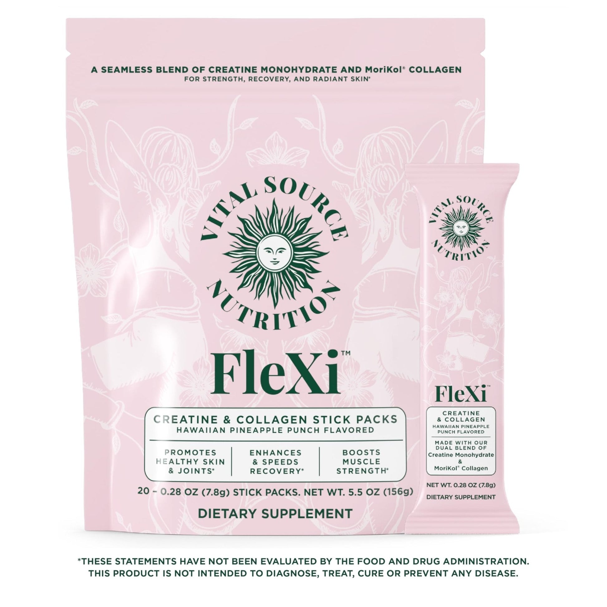 Vital Source Nutrition - Flexi - Creatine & Collagen Stick Packs - 5g Creatine Monohydrate + 1g MoriKol Collagen -Supports Strength, Recovery & Skin Health -20 Servings - Maple Wellness Supplements