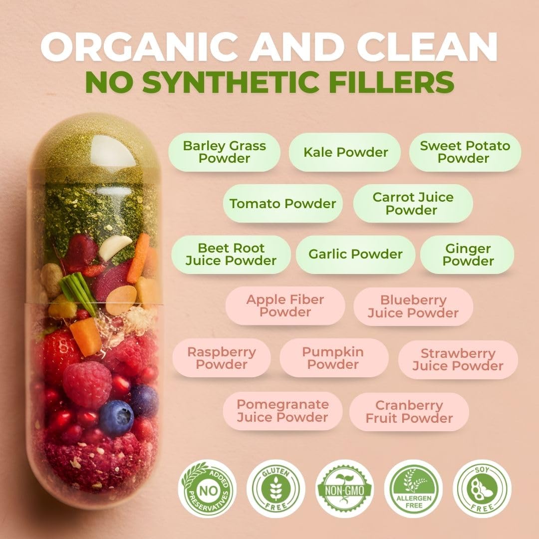 Vital Super Fruits & Veggies - Daily Superfood Capsules for Adults - Fruit & Vegetable Supplements to Boost Immunity & Energy - 2-in-1 Formula for Overall Wellness - Maple Wellness Supplements