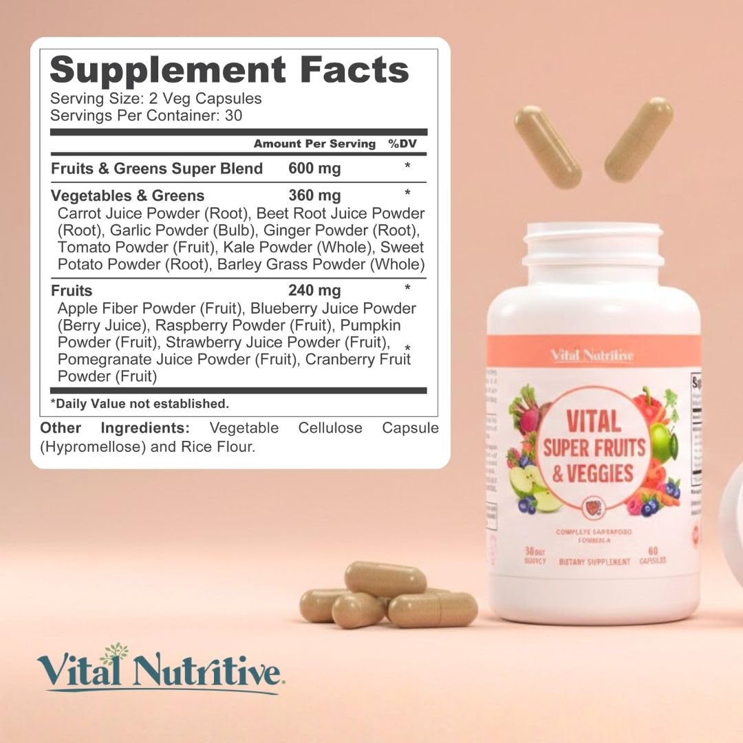 Vital Super Fruits & Veggies - Daily Superfood Capsules for Adults - Fruit & Vegetable Supplements to Boost Immunity & Energy - 2-in-1 Formula for Overall Wellness - Maple Wellness Supplements