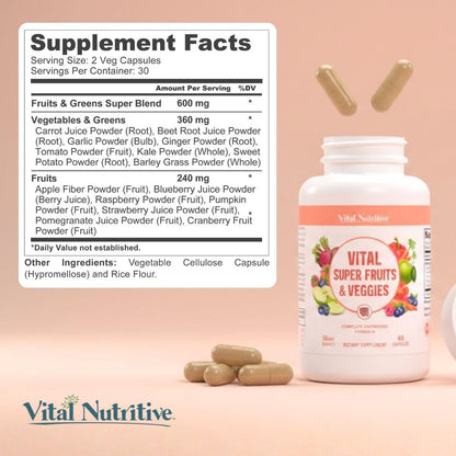 Vital Super Fruits & Veggies - Daily Superfood Capsules for Adults - Fruit & Vegetable Supplements to Boost Immunity & Energy - 2-in-1 Formula for Overall Wellness - Maple Wellness Supplements
