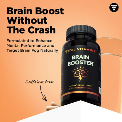Vital Vitamins Brain Supplements with Bacopa Monnieri - for Memory and Focus – Nootropic Brain Booster - Caffeine-Free Support for Adults & Seniors – Non-GMO, 30-Day Supply, 30 Capsules - Maple Wellness Supplements