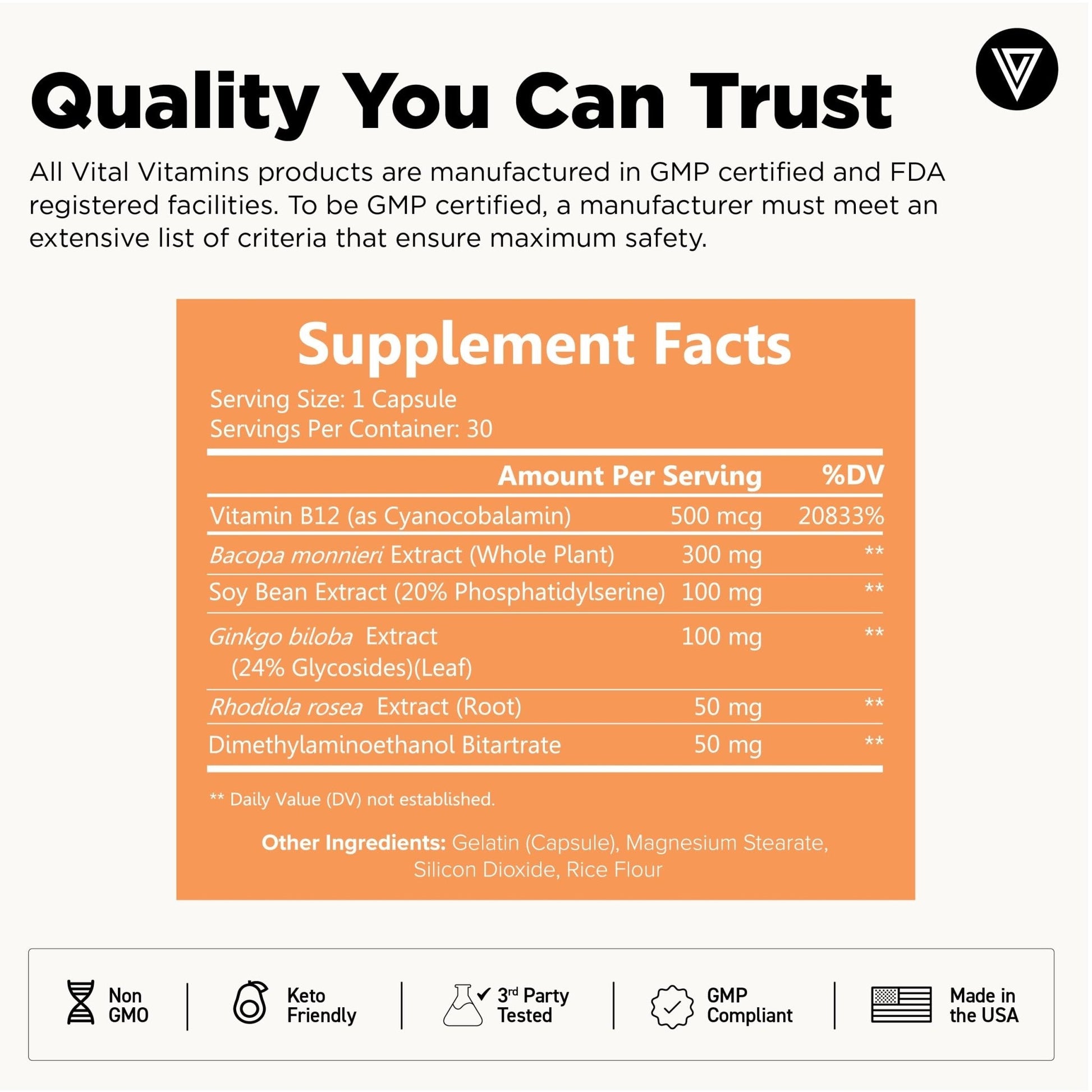 Vital Vitamins Brain Supplements with Bacopa Monnieri - for Memory and Focus – Nootropic Brain Booster - Caffeine-Free Support for Adults & Seniors – Non-GMO, 30-Day Supply, 30 Capsules - Maple Wellness Supplements