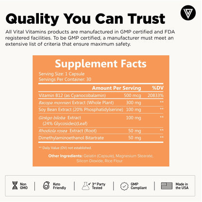 Vital Vitamins Brain Supplements with Bacopa Monnieri - for Memory and Focus – Nootropic Brain Booster - Caffeine-Free Support for Adults & Seniors – Non-GMO, 30-Day Supply, 30 Capsules - Maple Wellness Supplements