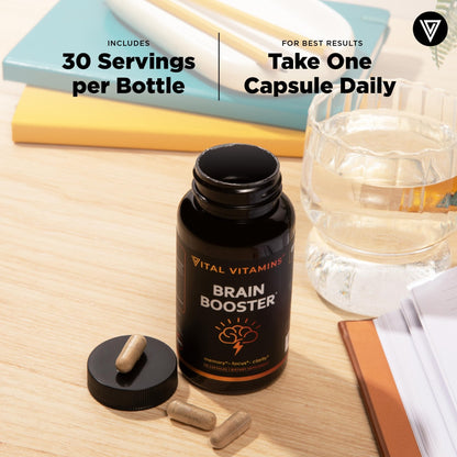 Vital Vitamins Brain Supplements with Bacopa Monnieri - for Memory and Focus – Nootropic Brain Booster - Caffeine-Free Support for Adults & Seniors – Non-GMO, 30-Day Supply, 30 Capsules - Maple Wellness Supplements