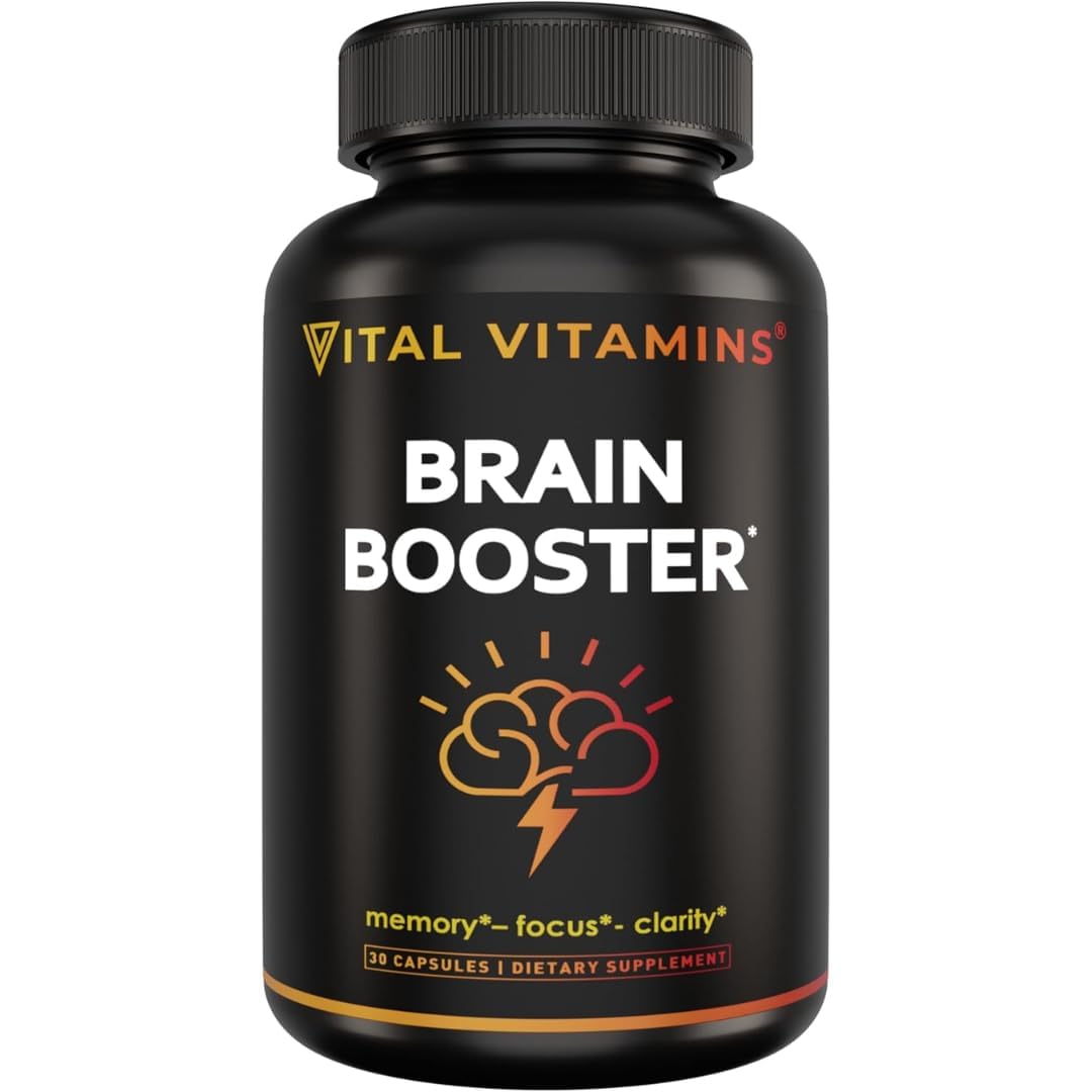 Vital Vitamins Brain Supplements with Bacopa Monnieri - for Memory and Focus – Nootropic Brain Booster - Caffeine-Free Support for Adults & Seniors – Non-GMO, 30-Day Supply, 30 Capsules - Maple Wellness Supplements