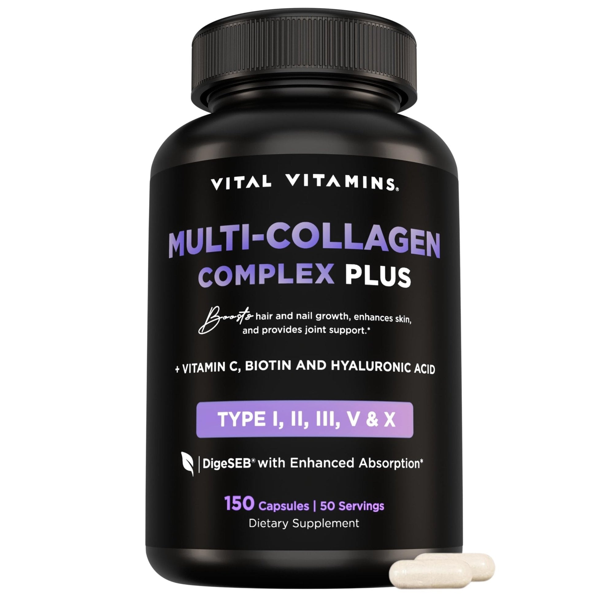 Vital Vitamins Multi Collagen Complex Plus - with Biotin, Hyaluronic Acid, Vitamin C - Type I, II, III, V, X - for Women & Men - Hair, Skin - Maple Wellness Supplements