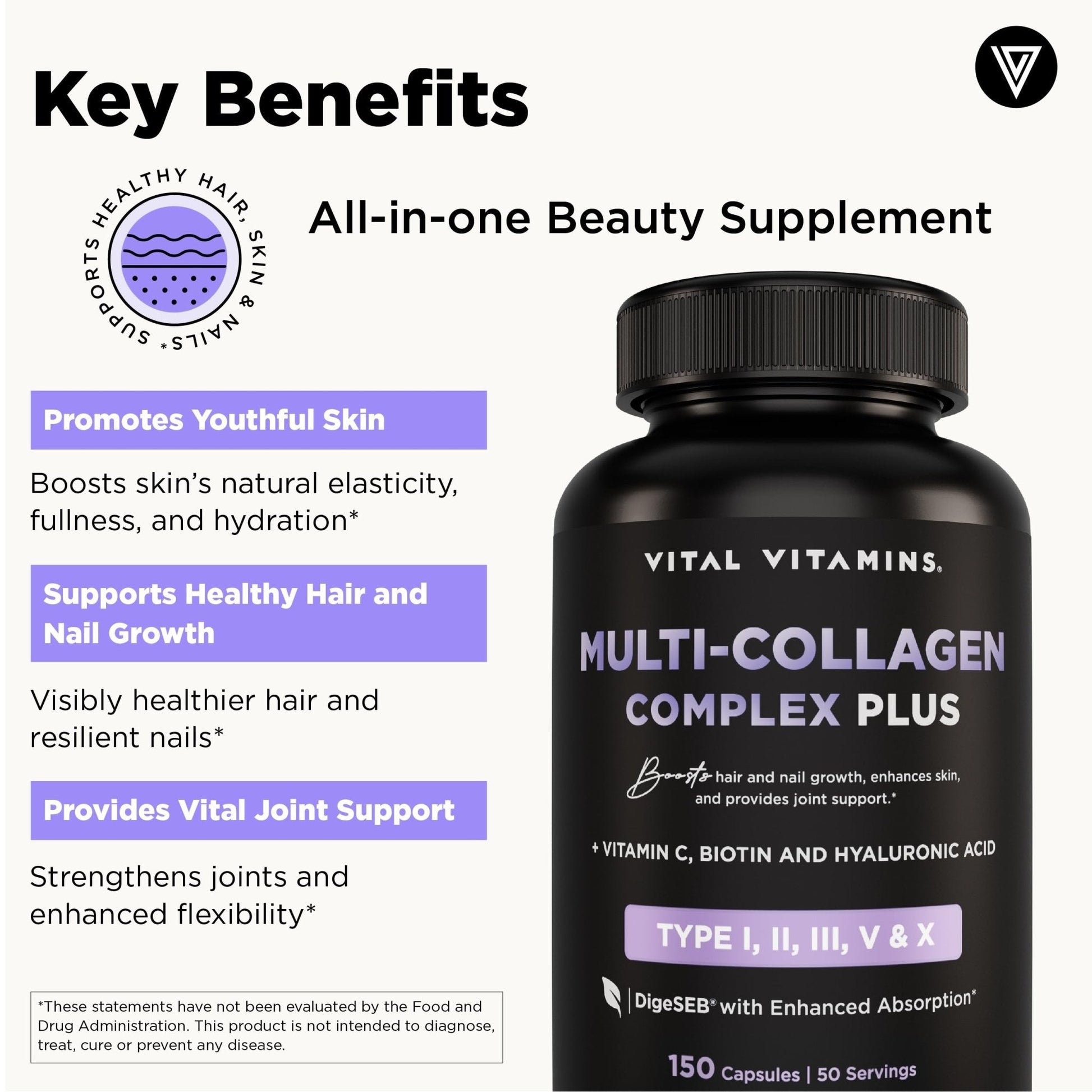 Vital Vitamins Multi Collagen Complex Plus - with Biotin, Hyaluronic Acid, Vitamin C - Type I, II, III, V, X - for Women & Men - Hair, Skin - Maple Wellness Supplements