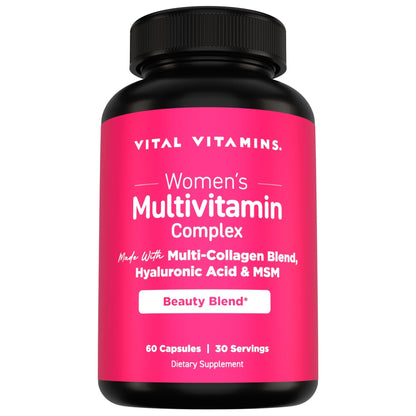 Vital Vitamins Women's Multivitamin Complex - Made with Multi-Collagen Blend, Hyaluronic Acid, & MSM - Beauty Multivitamins - with Vitamin A, C, E, B6, B12, D3-60 Capsules - Maple Wellness Supplements
