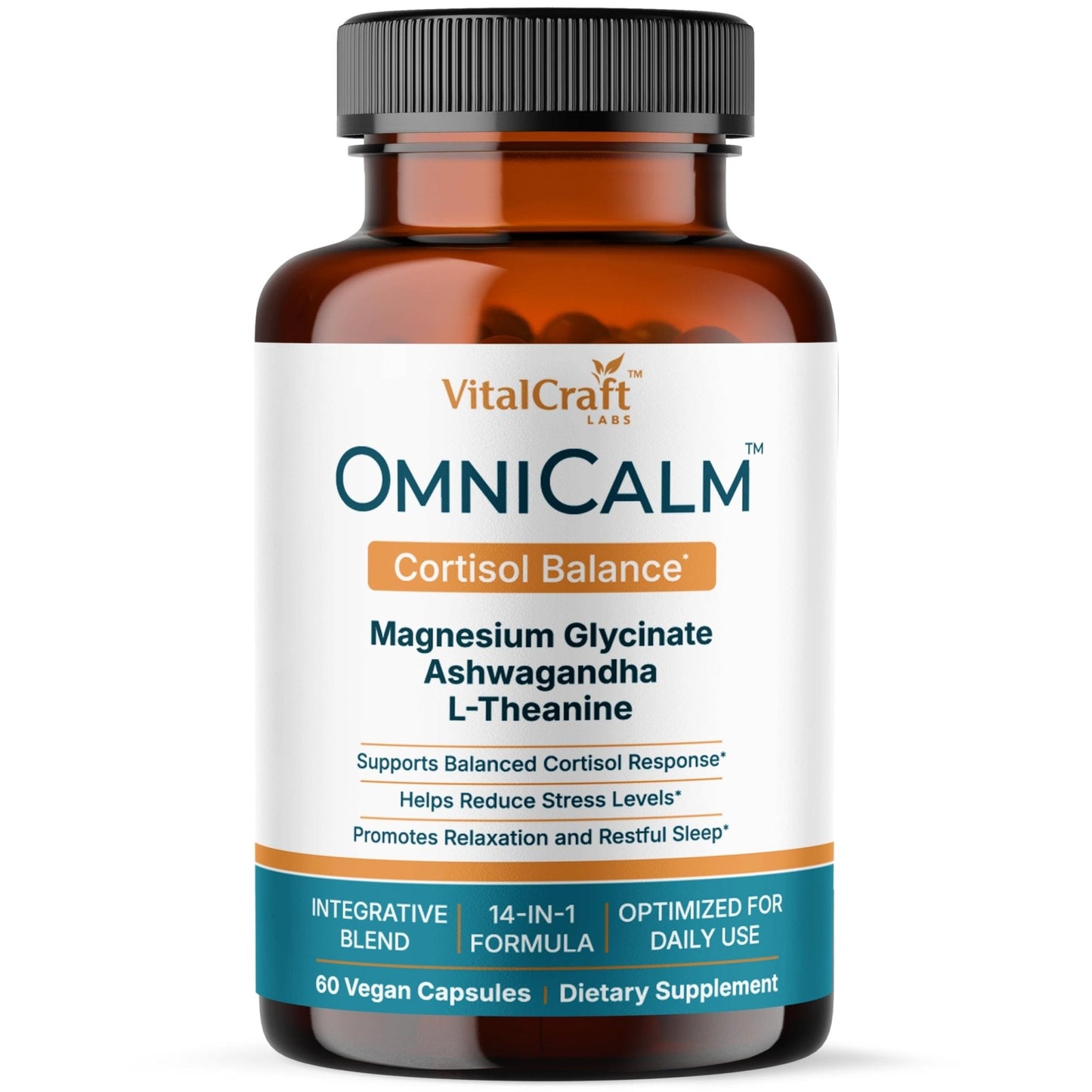 VITALCRAFT LABS OmniCalm Cortisol Supplements for Women & Men | Stress Relief & Sleep Support with Magnesium & Ashwagandha, L Theanine | 14-in-1 Cortisol Reducer, Manager, Detox – USA - Maple Wellness Supplements