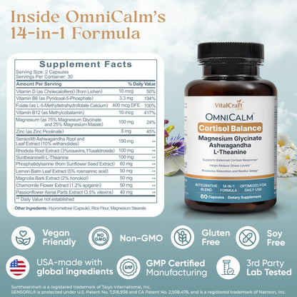 VITALCRAFT LABS OmniCalm Cortisol Supplements for Women & Men | Stress Relief & Sleep Support with Magnesium & Ashwagandha, L Theanine | 14-in-1 Cortisol Reducer, Manager, Detox – USA - Maple Wellness Supplements
