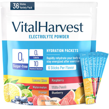 VitalHarvest 36 Sticks Electrolytes Powder Packets 6 Flavors Sugar Free Hydration Packets Electrolyte Liquid Daily IV Drink Mix with Lemon Lime, Watermelon, Orange - Maple Wellness Supplements