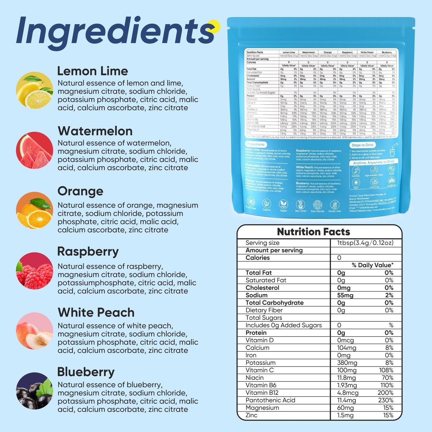 VitalHarvest 36 Sticks Electrolytes Powder Packets 6 Flavors Sugar Free Hydration Packets Electrolyte Liquid Daily IV Drink Mix with Lemon Lime, Watermelon, Orange - Maple Wellness Supplements