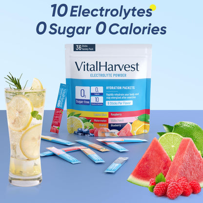VitalHarvest 36 Sticks Electrolytes Powder Packets 6 Flavors Sugar Free Hydration Packets Electrolyte Liquid Daily IV Drink Mix with Lemon Lime, Watermelon, Orange - Maple Wellness Supplements