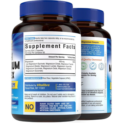 Vitalibre 10 in 1 Magnesium Complex, 420mg Elemental Magnesium | Ultra Strength, Max Absorption | Chelated Magnesium Supplement for Nerves, Bone & Heart Health | Non-GMO, 120 Vegan Capsules - Maple Wellness Supplements
