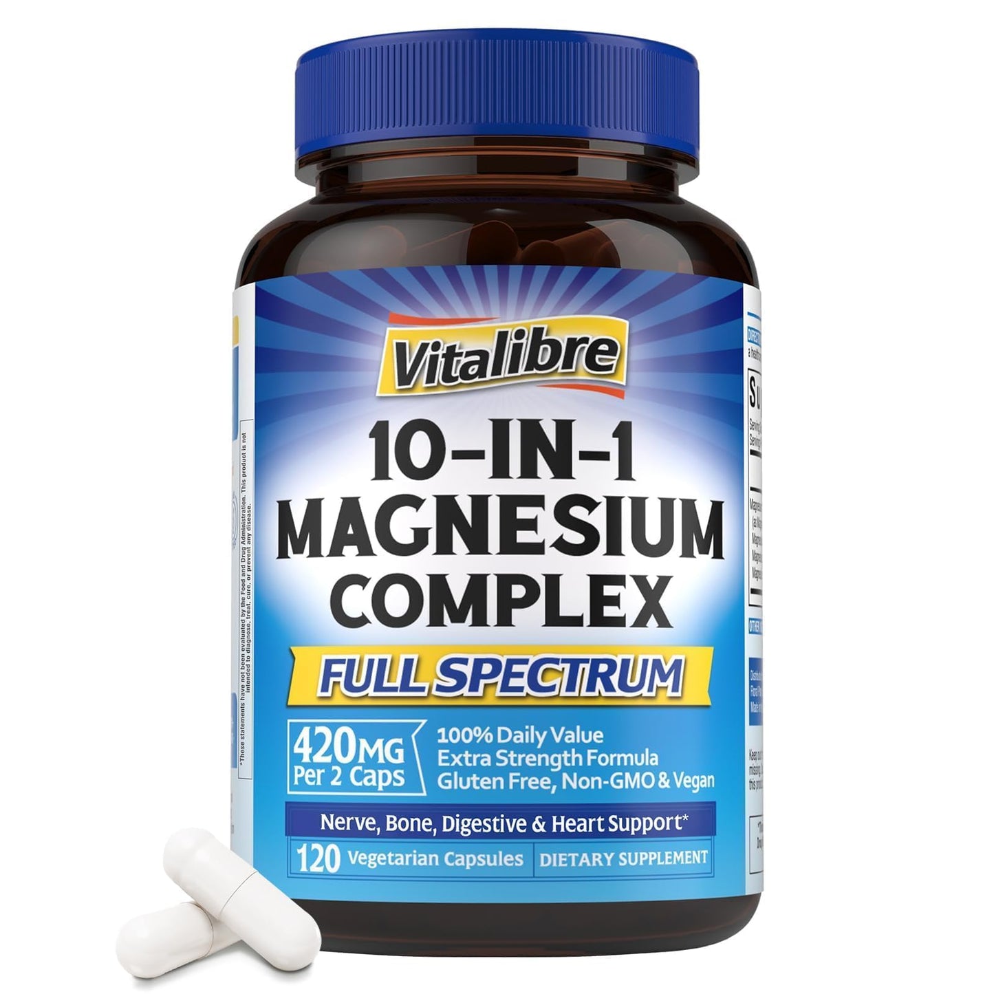 Vitalibre 10 in 1 Magnesium Complex, 420mg Elemental Magnesium | Ultra Strength, Max Absorption | Chelated Magnesium Supplement for Nerves, Bone & Heart Health | Non-GMO, 120 Vegan Capsules - Maple Wellness Supplements