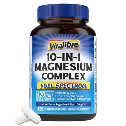 Vitalibre 10 in 1 Magnesium Complex, 420mg Elemental Magnesium | Ultra Strength, Max Absorption | Chelated Magnesium Supplement for Nerves, Bone & Heart Health | Non-GMO, 120 Vegan Capsules - Maple Wellness Supplements