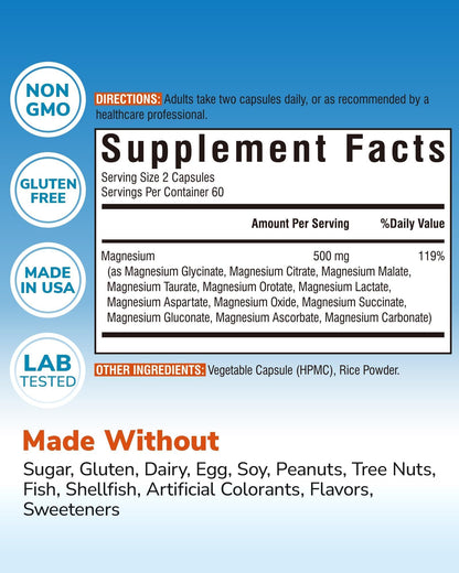 Vitalibre 12 in 1 Magnesium Complex Supplement 500mg | Max Absorption Chelated Magnesium Glycinate Citrate Malate & More for Bone, Nerve & Digestive Support | Non-GMO Vegan Capsules (120 Count) - Maple Wellness Supplements