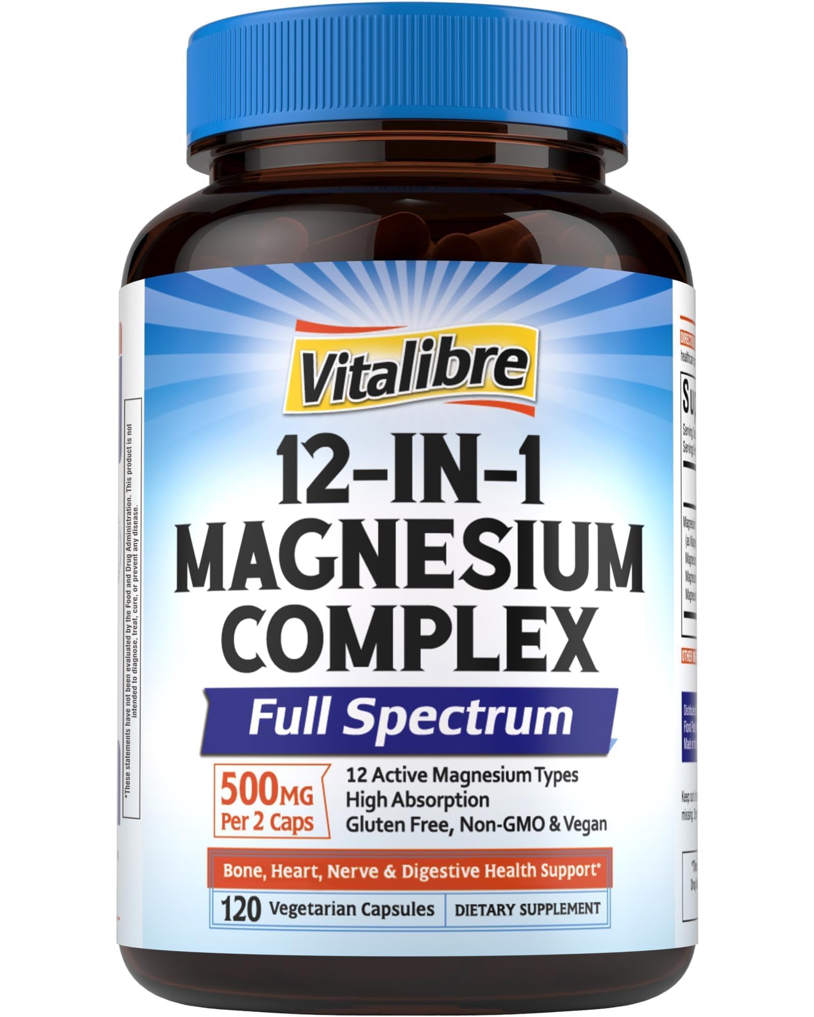 Vitalibre 12 in 1 Magnesium Complex Supplement 500mg | Max Absorption Chelated Magnesium Glycinate Citrate Malate & More for Bone, Nerve & Digestive Support | Non-GMO Vegan Capsules (120 Count) - Maple Wellness Supplements