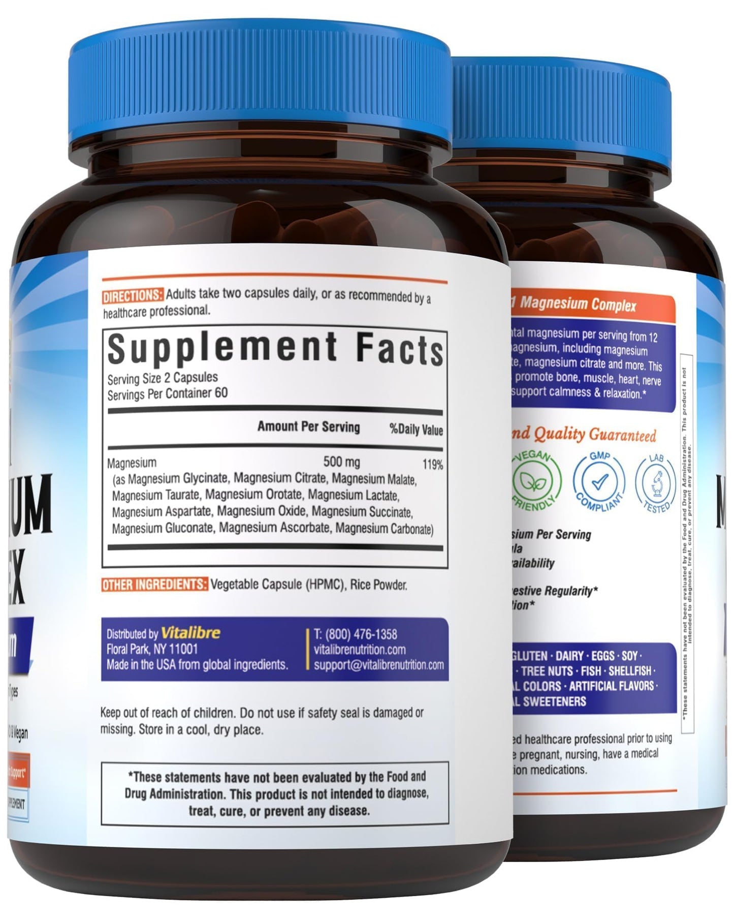 Vitalibre 12 in 1 Magnesium Complex Supplement 500mg | Max Absorption Chelated Magnesium Glycinate Citrate Malate & More for Bone, Nerve & Digestive Support | Non-GMO Vegan Capsules (120 Count) - Maple Wellness Supplements