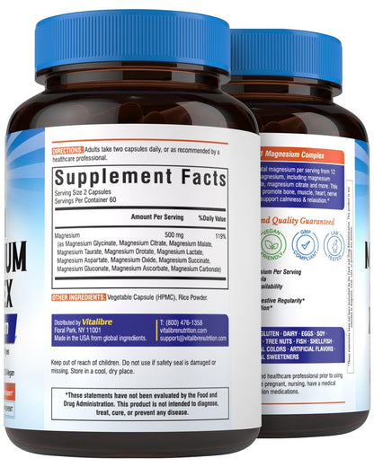 Vitalibre 12 in 1 Magnesium Complex Supplement 500mg | Max Absorption Chelated Magnesium Glycinate Citrate Malate & More for Bone, Nerve & Digestive Support | Non-GMO Vegan Capsules (120 Count) - Maple Wellness Supplements