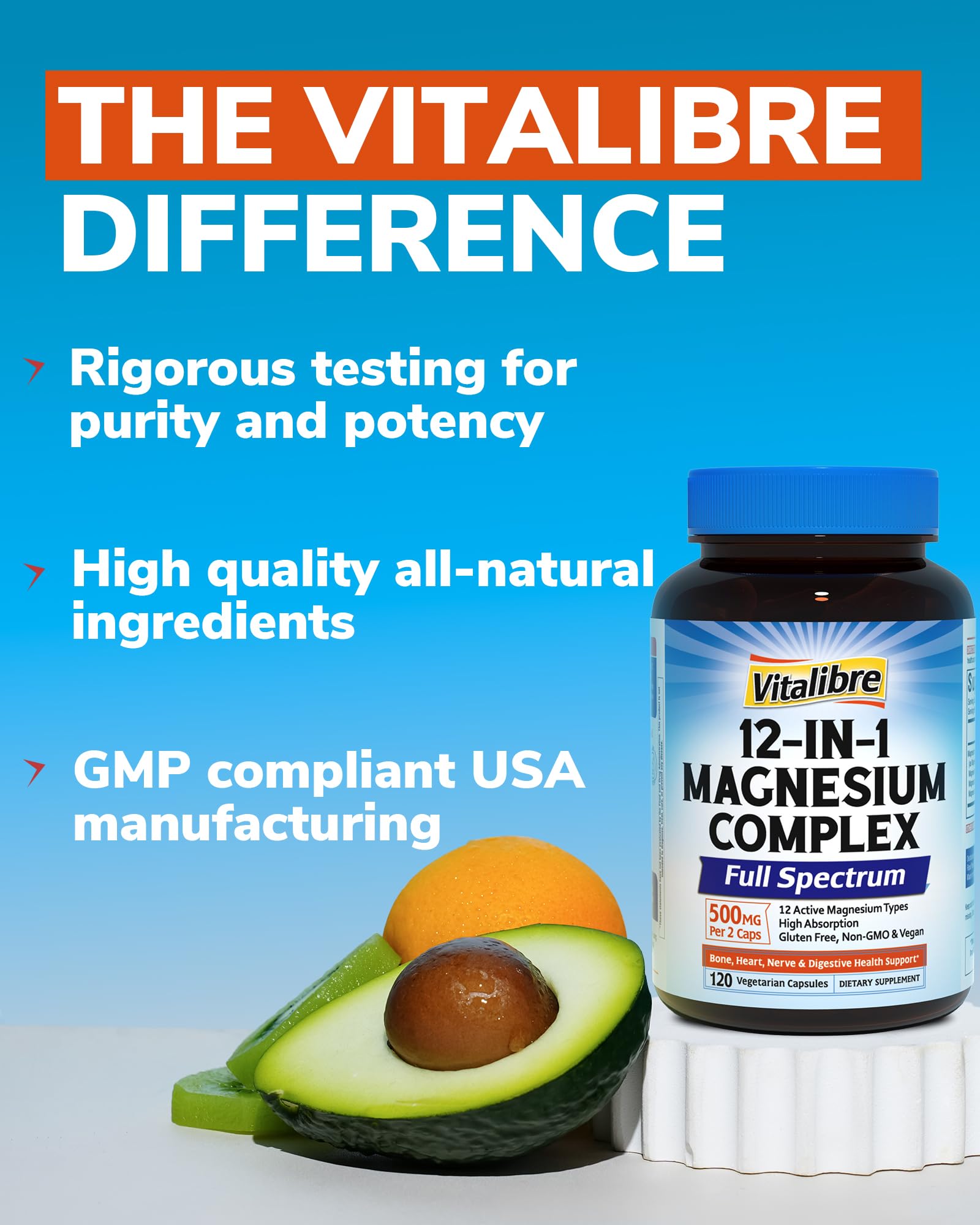 Vitalibre 12 in 1 Magnesium Complex Supplement 500mg | Max Absorption Chelated Magnesium Glycinate Citrate Malate & More for Bone, Nerve & Digestive Support | Non-GMO Vegan Capsules (120 Count) - Maple Wellness Supplements