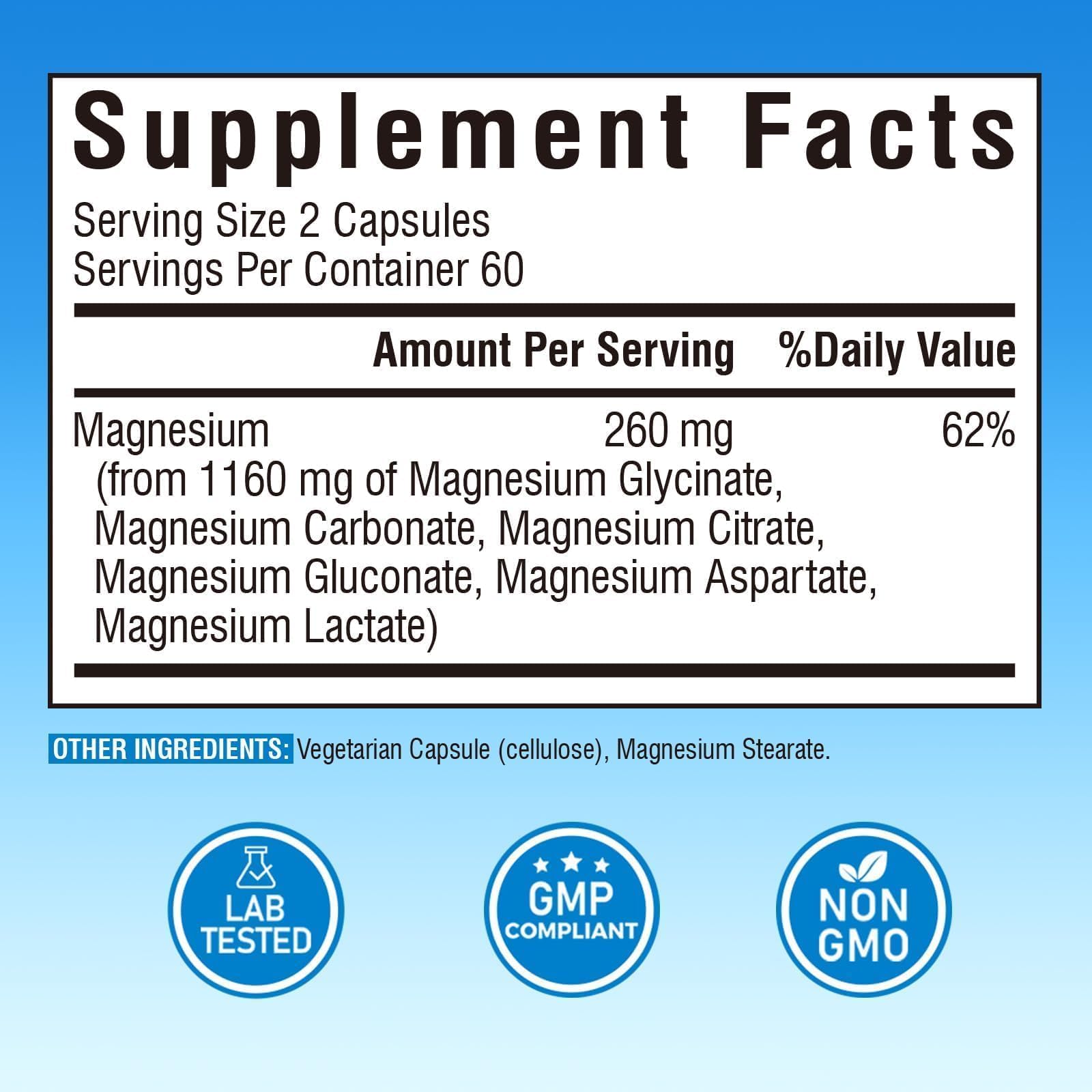 Vitalibre 6 in 1 Magnesium Complex for Women Men, 260mg Elemental Magnesium | Max Absorption | Chelated Magnesium Supplement for Bone, Relaxation & Nerves Support | Non-GMO, 120 Vegan Capsules - Maple Wellness Supplements