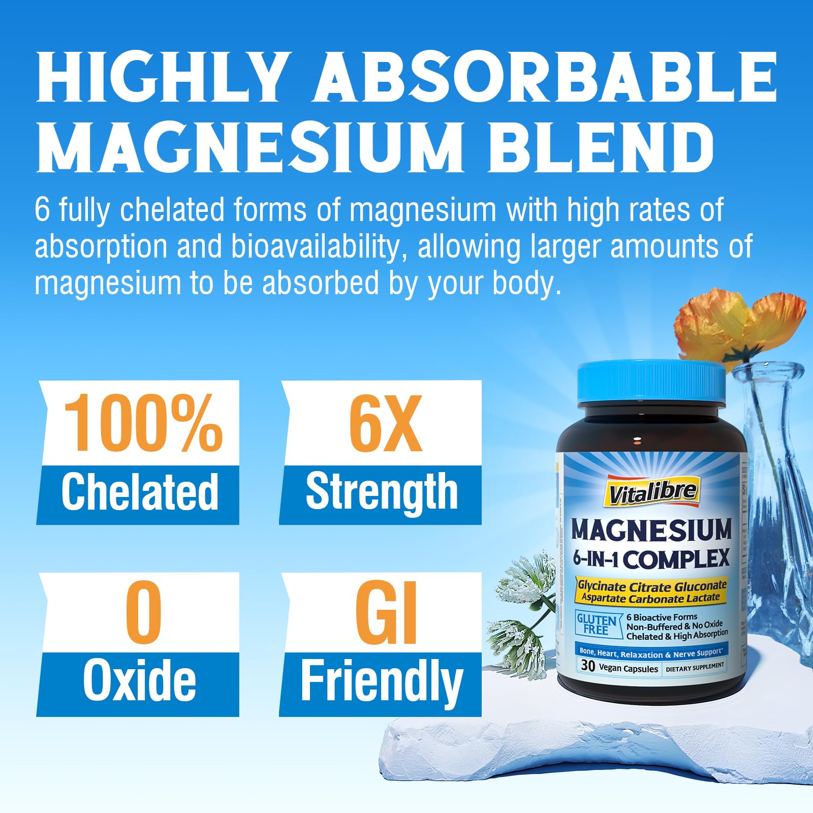 Vitalibre 6 in 1 Magnesium Complex for Women Men, 260mg Elemental Magnesium | Max Absorption | Chelated Magnesium Supplement for Bone, Relaxation & Nerves Support | Non-GMO, 120 Vegan Capsules - Maple Wellness Supplements