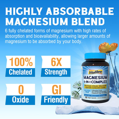 Vitalibre 6 in 1 Magnesium Complex for Women Men, 260mg Elemental Magnesium | Max Absorption | Chelated Magnesium Supplement for Bone, Relaxation & Nerves Support | Non-GMO, 120 Vegan Capsules - Maple Wellness Supplements